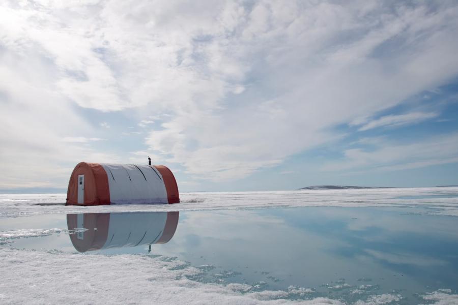 Research tent camping out in the open sea ice