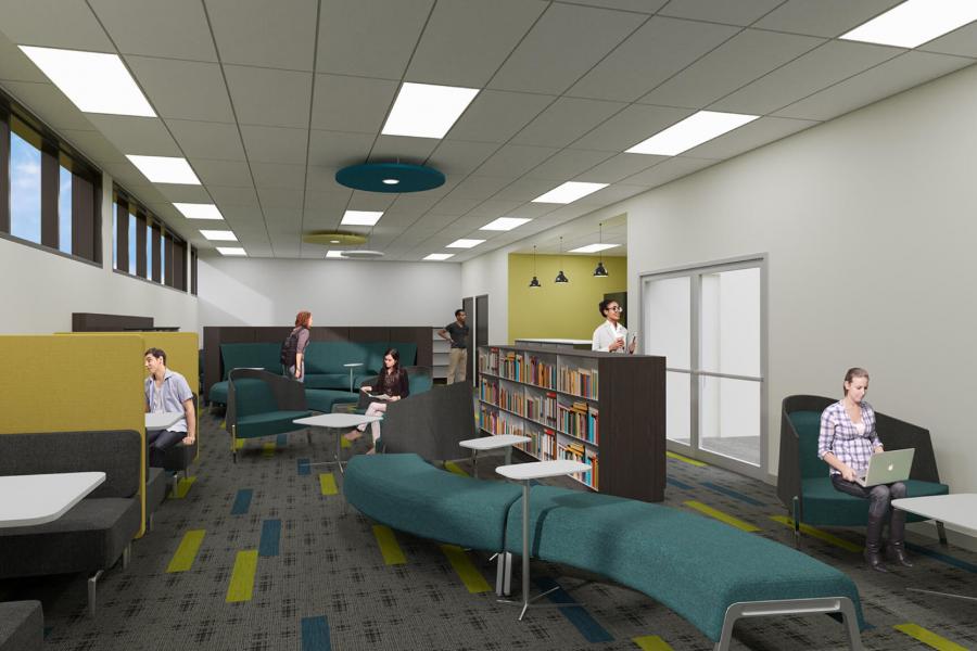An architectural rendering of the future Anna and Inga Storgaard Learning Commons.