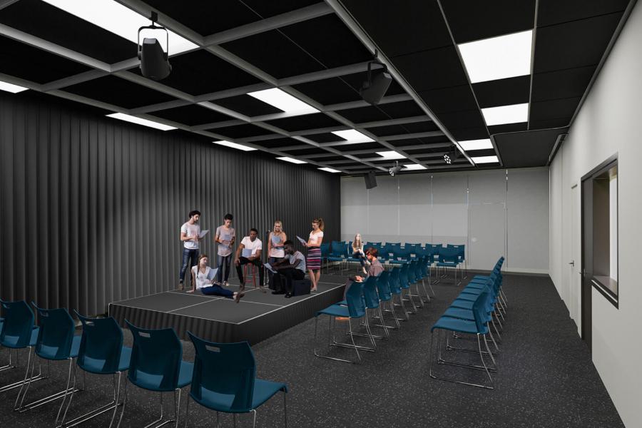 An architectural rendering of the future Education Drama and Music classroom.