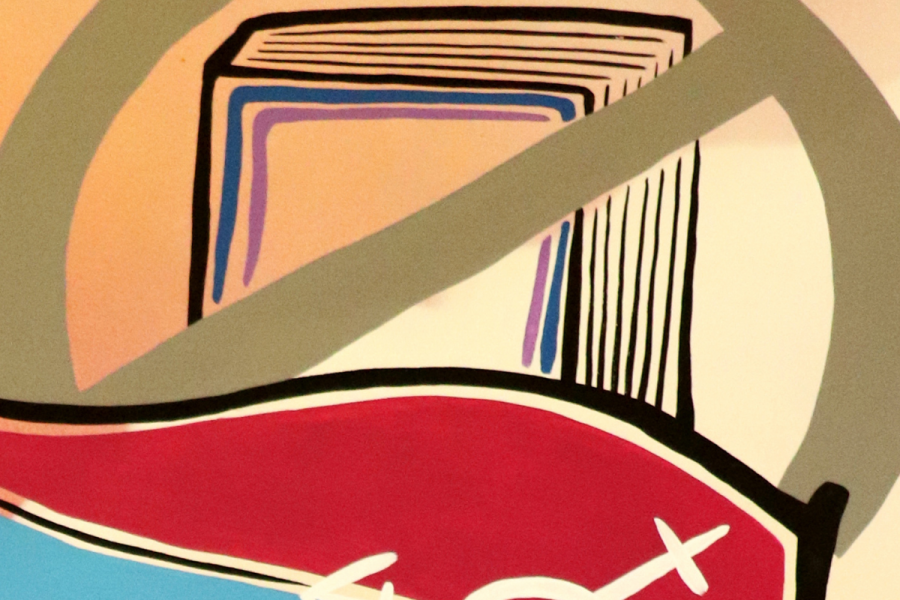 painting of a book with banned symbol over top