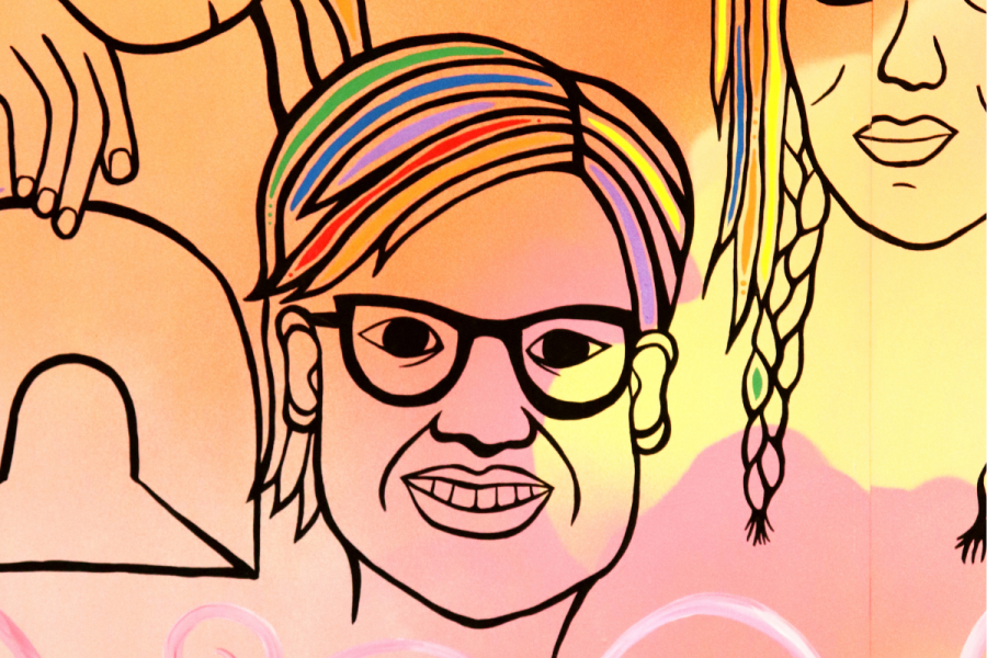 painting of michelle douglas face with rainbow hair