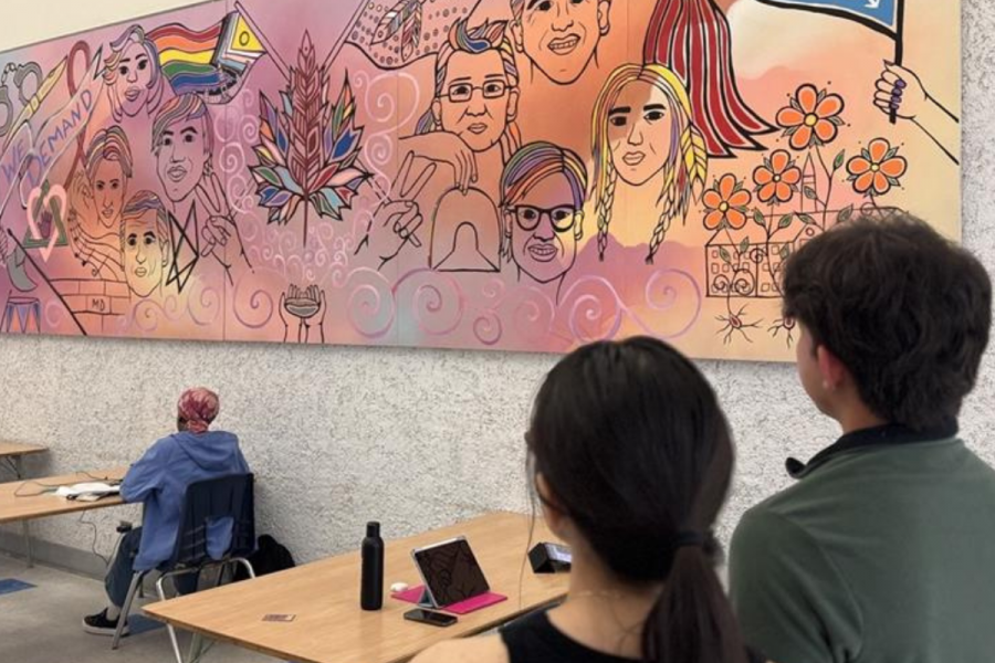 students look at art mural