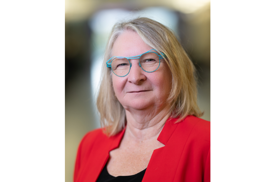 head shot woman with chin length grey hair, waeubg