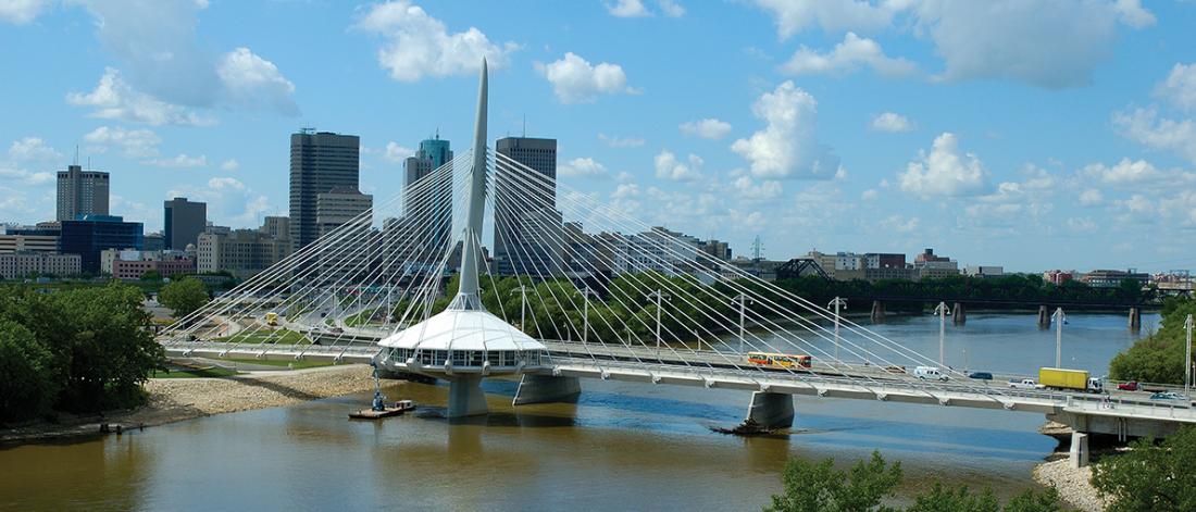 The Provencher bridge in downtown Winnipeg on a sunny summer day