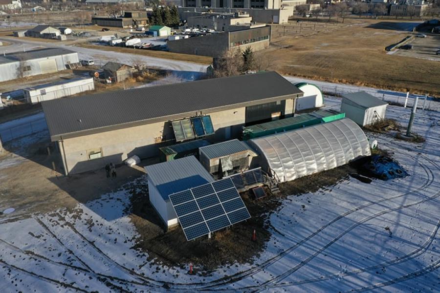 An aerial photo of the sustainability in action research facility. 