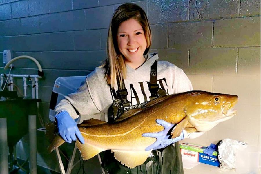 Rebecca Eldridges holds a large Atlantic cod
