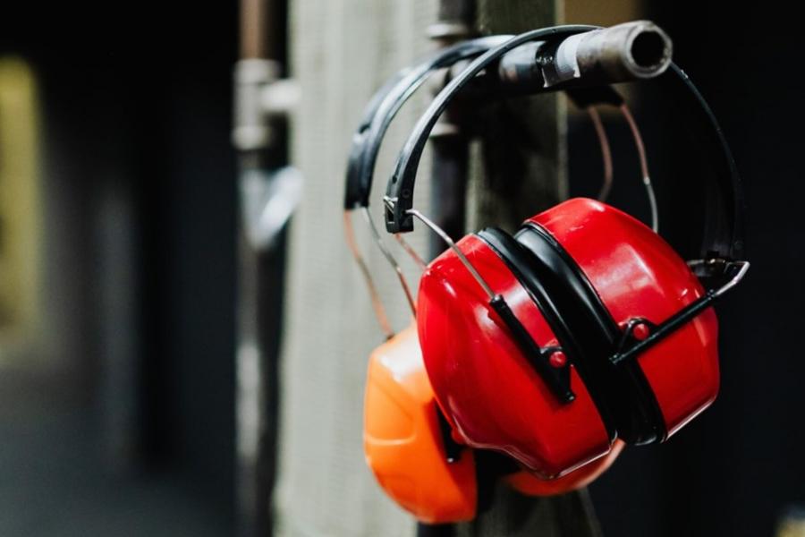 Hearing protection hanging on a hook. 
