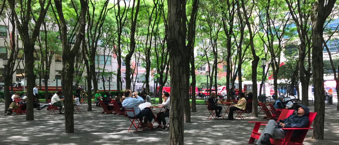 Several small groups of people seated on red outdoor furniture in an scenic outdoor space filled with trees. 