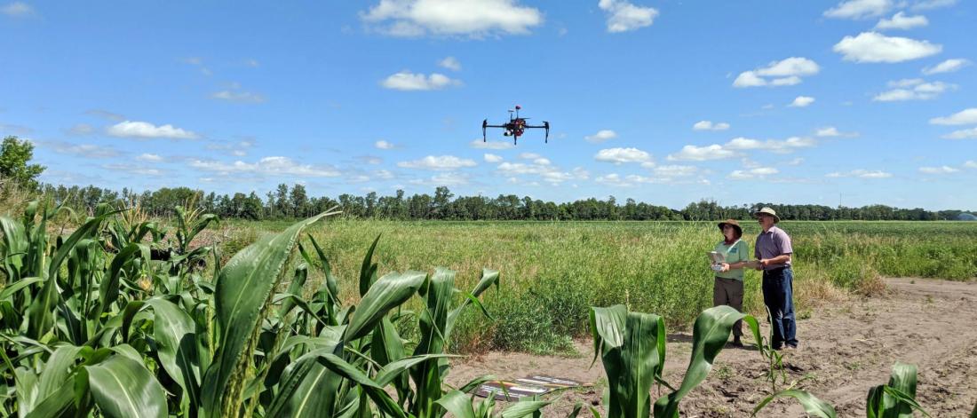 Two researchers fly a drone over a field.