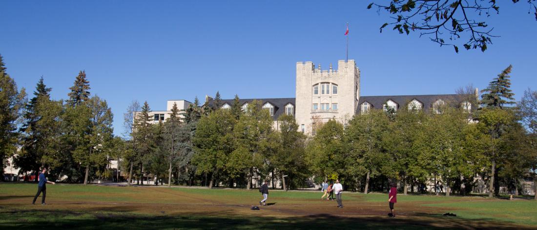 A view of the Tier building from across the quad at the Fort Garry campus.