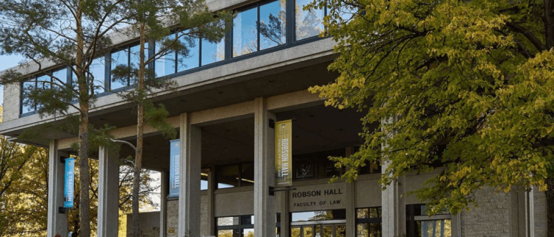 Exterior view of the front entrance to Robson Hall the Faculty of Law building.