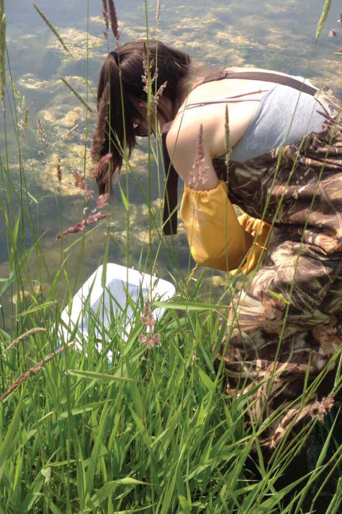 An aspiring environmentalist gathers sample water from the wetlands.