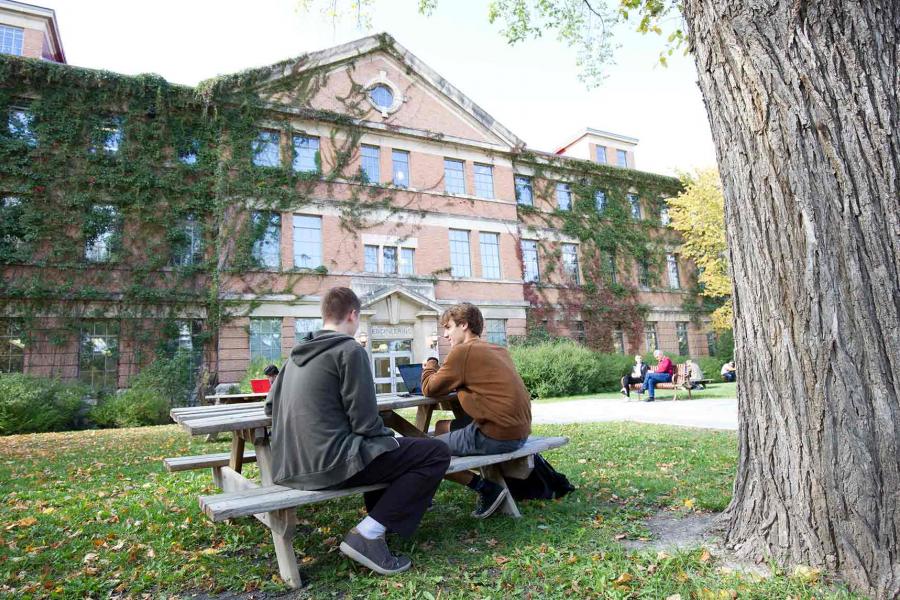 Two students sitting at a picnic table under a large tree, in front of a red brick building covered in vines.