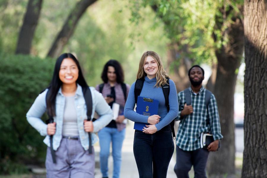 A group of students walking along the UM campus.