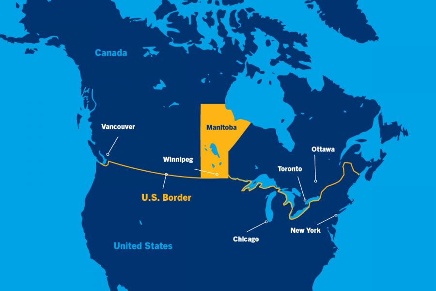 Image of North America with showing Winnipeg, Manitoba in the center.