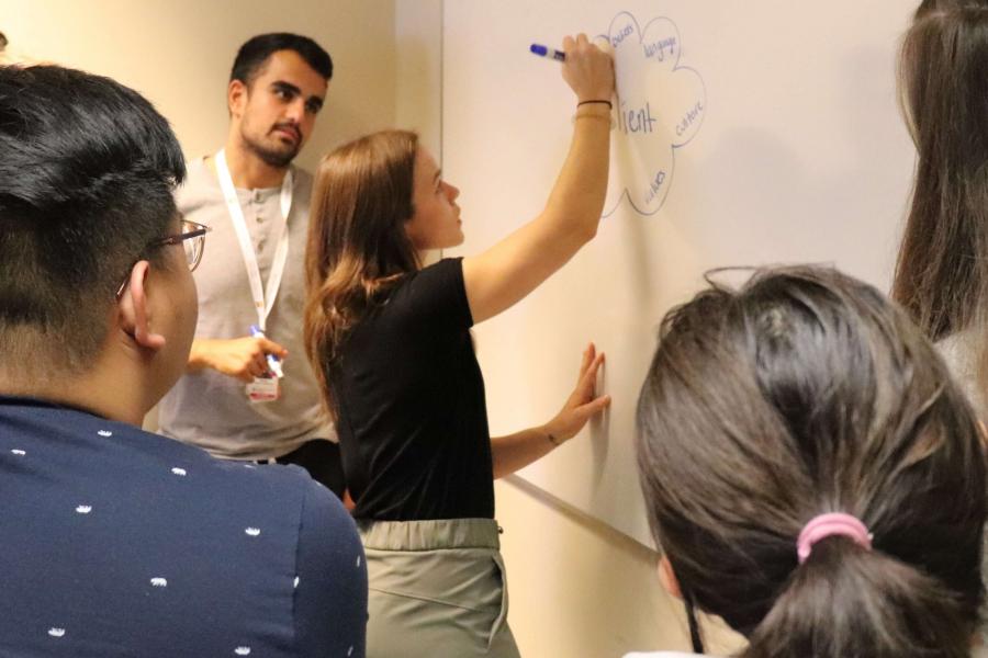 Students collaborate on a whiteboard during an interprofessional session