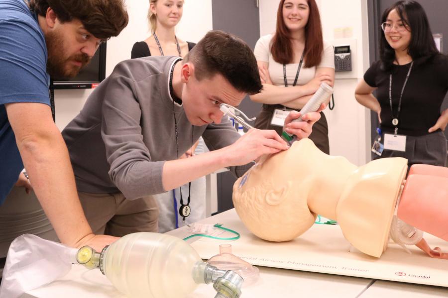 A health sciences student is practicing intubation on a medical manikin.