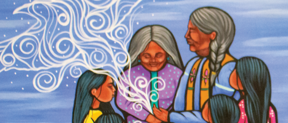 Illustration of Elders and children gathered together, sharing breath, stories, and intergenerational wisdom.