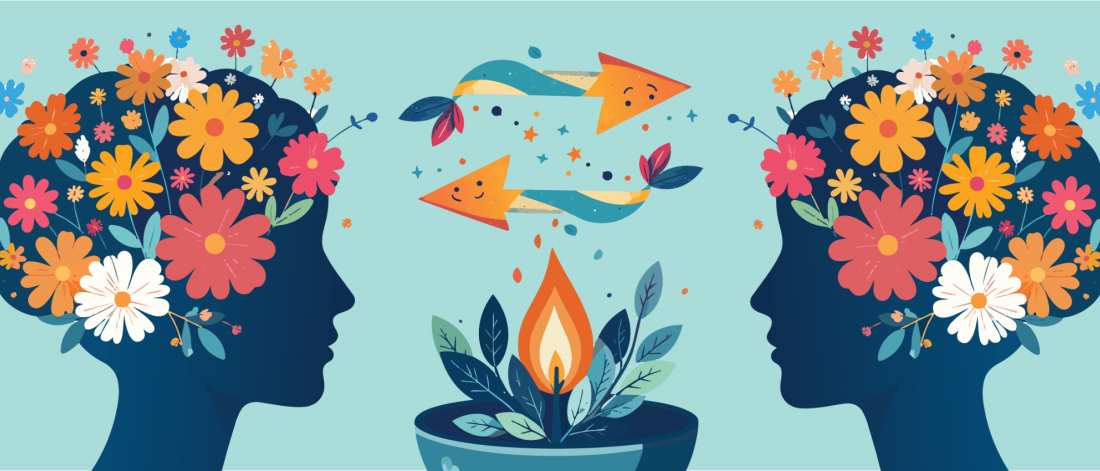 Illustration of two profiles with flowers surrounding a bowl with a healing flame.