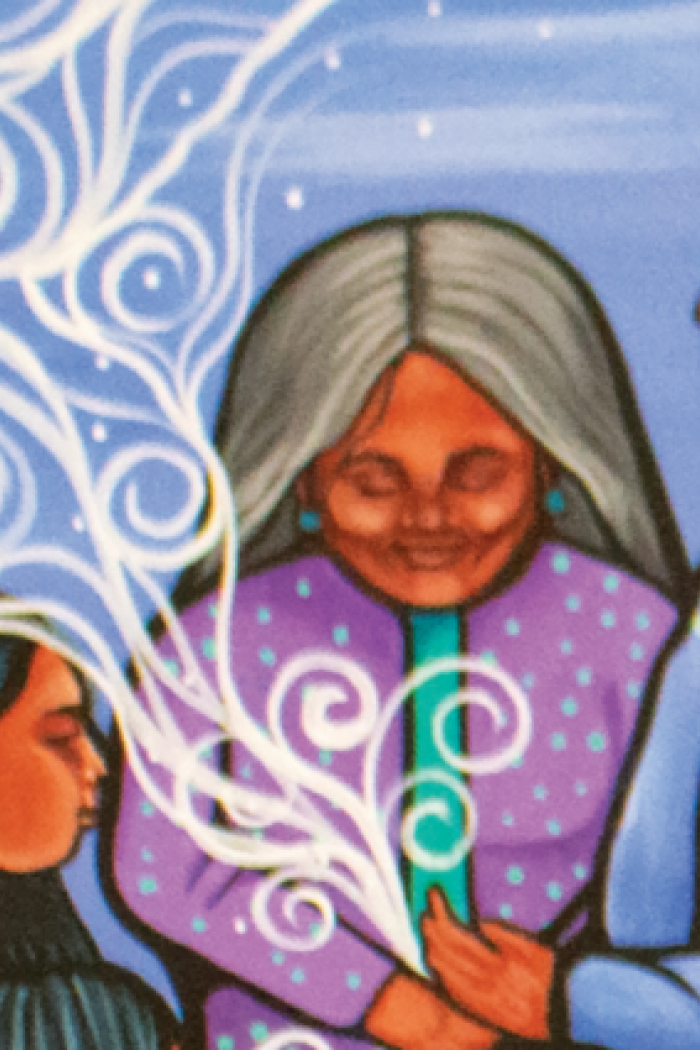 Illustration of Elders and children gathered together, sharing breath, stories, and intergenerational wisdom.