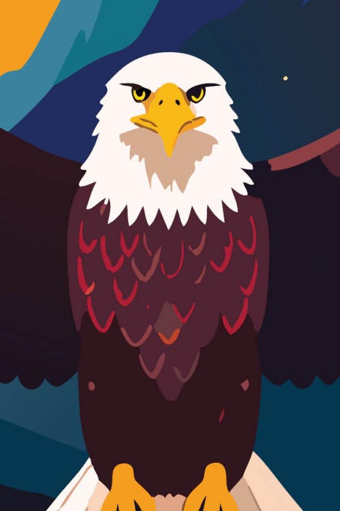 Illustration of a bald eagle with outstretched wings, with Canadian and Mexican flags.