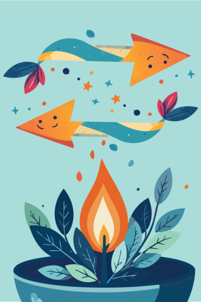 Illustration of two profiles with flowers surrounding a bowl with a healing flame.