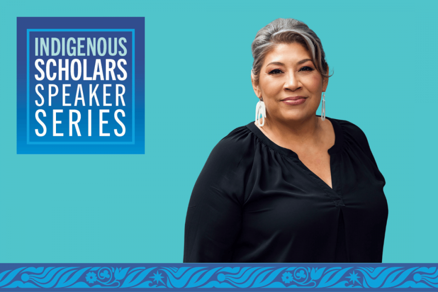 Promotional graphic for the Indigenous Scholars Speaker Series featuring Dr. Kim TallBear against a teal background.