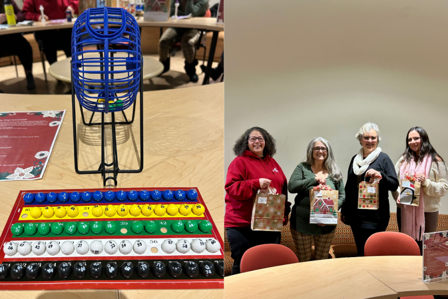 Bingo game materials and participants holding prizes during a group activity.
