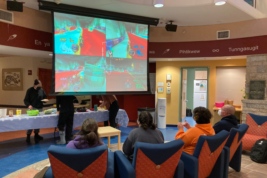 Students gather for a Mario Kart game night.