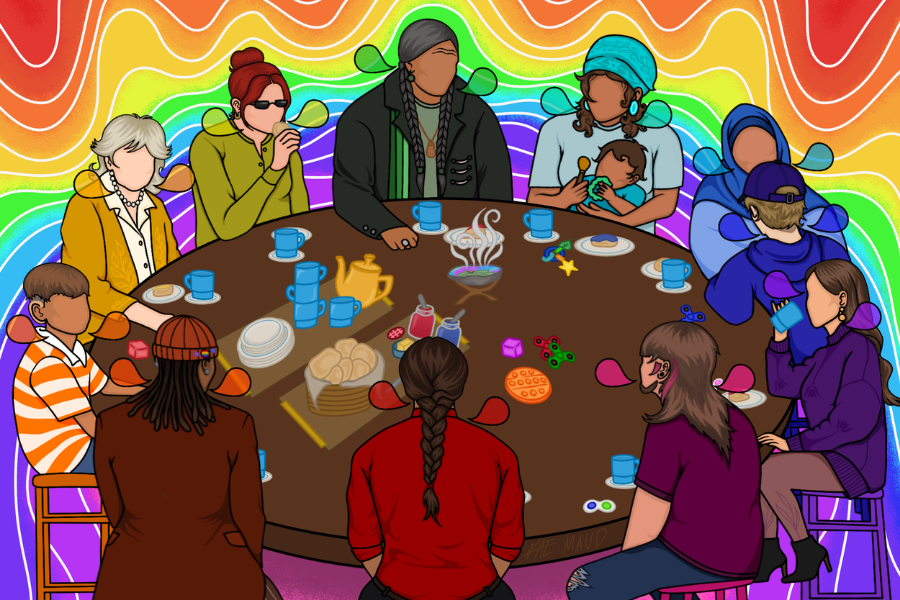 Illustration of people of different ages gathered around a round table, sharing tea and conversation against a rainbow background.