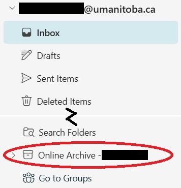Cropped image of an Outlook email client with the left hand side column reading Online archive - name circled in red