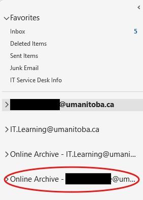 Cropped image of a classic Outlook email client with the left hand side column reading Online archive - name circled in red