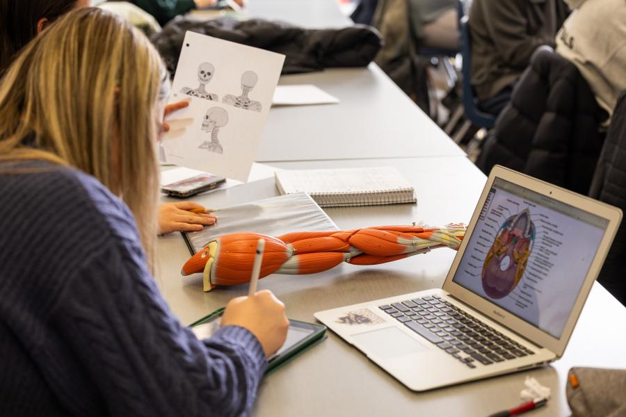 A student writing notes during an anatomy class
