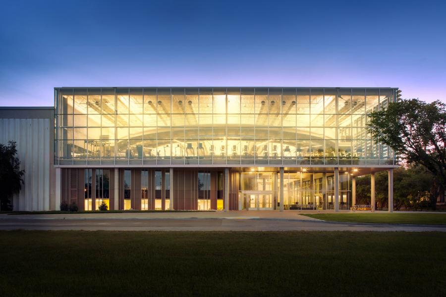 A photo of the active living centre from outside at night