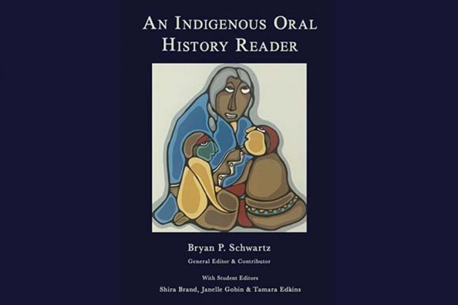 book cover for an indigenous oral history reader showing a painting of an elder teaching two smaller figures