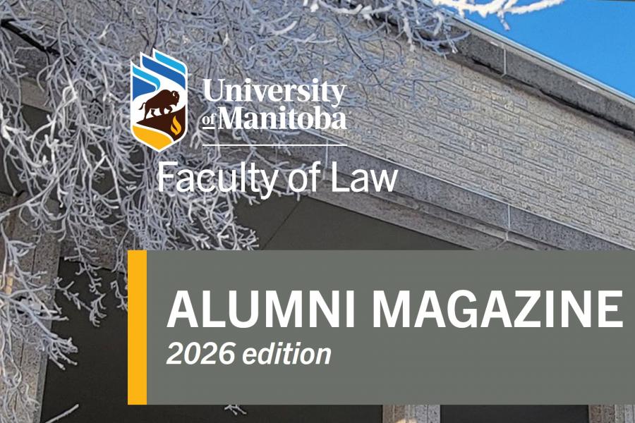 cover image of faculty of law alumni mag showing a building's stone bulkhead and frost covered tree branches