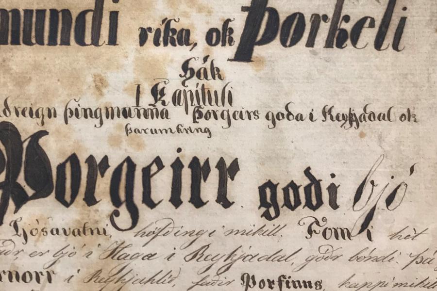 A closeup of an old document in Icelandic.