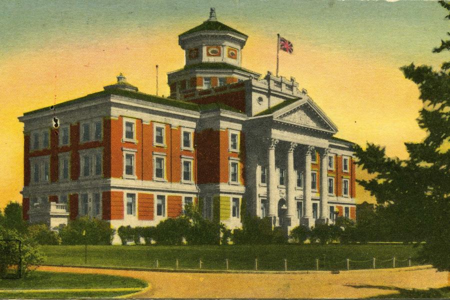 A postcard showing a coloured drawing of the Administration building.