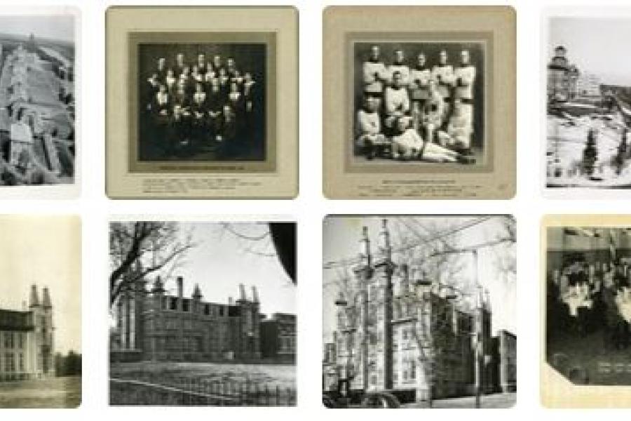 A grid of 6 photograph thumbnails showing various campus buildings and students.
