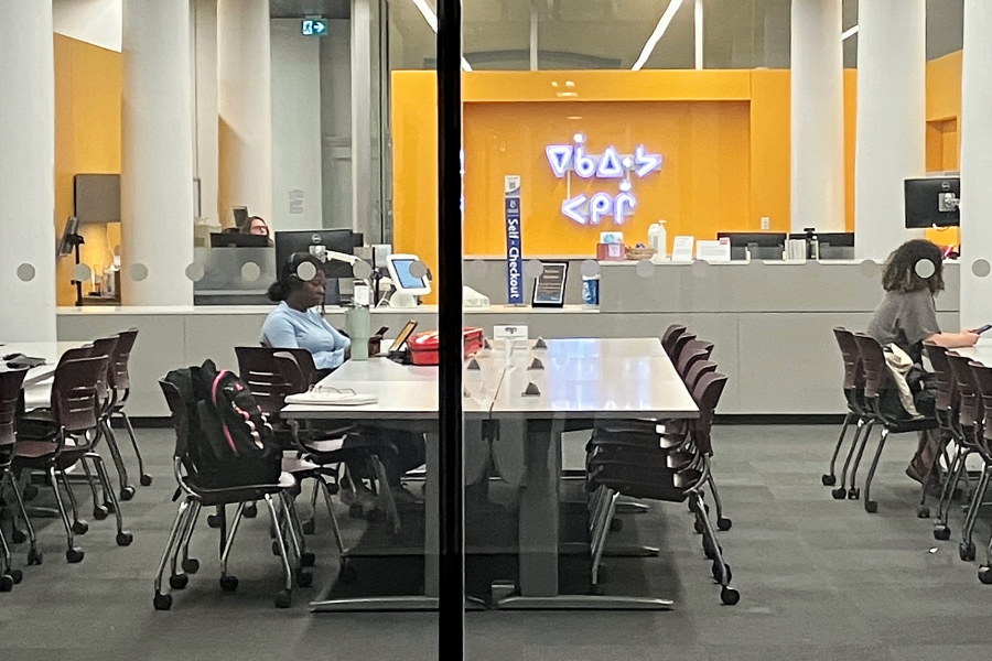 Cree in neon on the back wall of a library