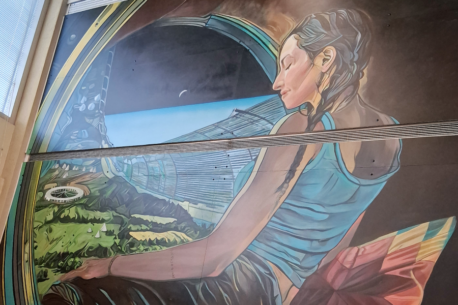 A large mural of an Indigenous woman looking down from space