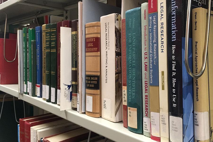 E.K Williams Library shelft of research books.