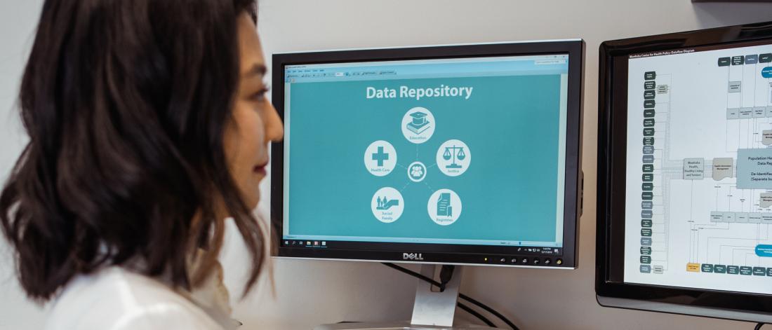 Person looking at two screens with Data Repository information