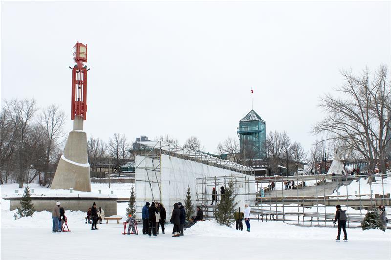 Faculty of Architecture warming hut at the Forks in the day January 2026