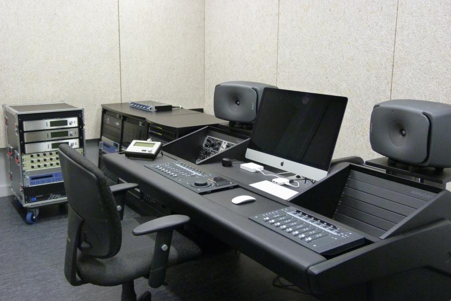 An interior view of the Desautels recording studio and its equipment. 