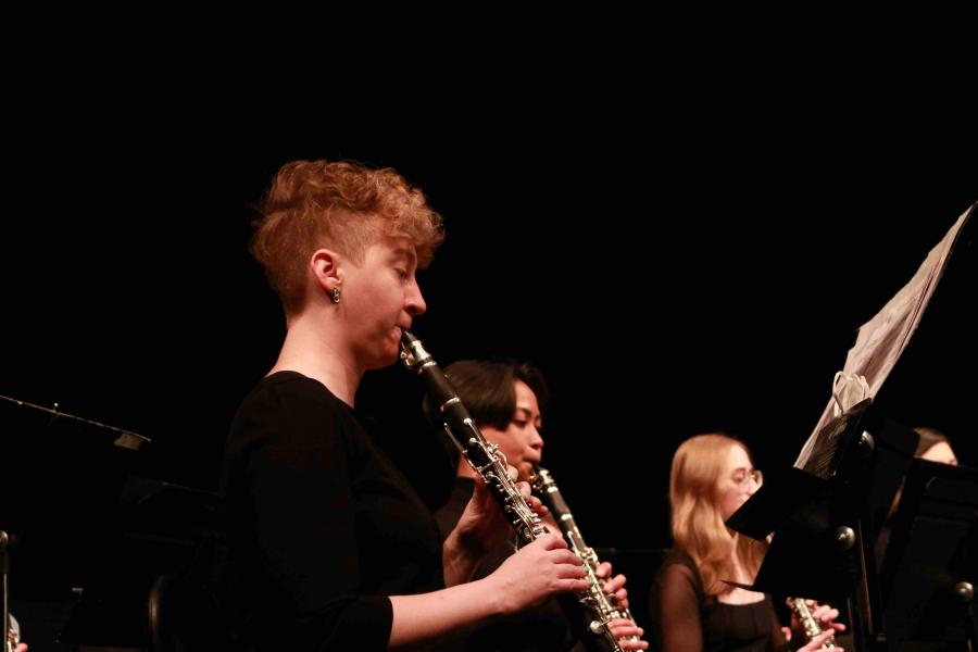 Student musicians play clarinet in concert.