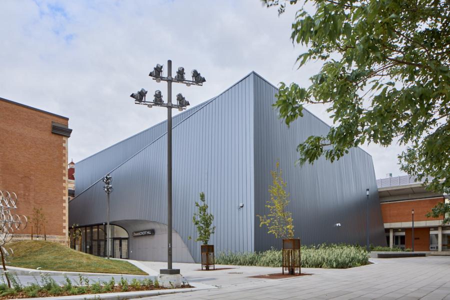 Corner of the exterior of the Desautels Concert Hall
