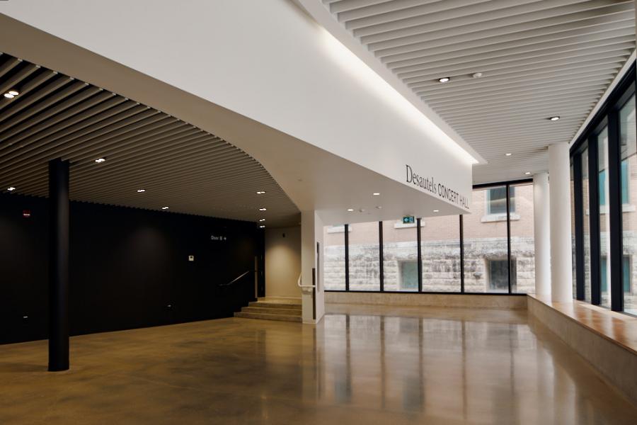 Horizontal shot of the front hall of the Desautels Concert Hall