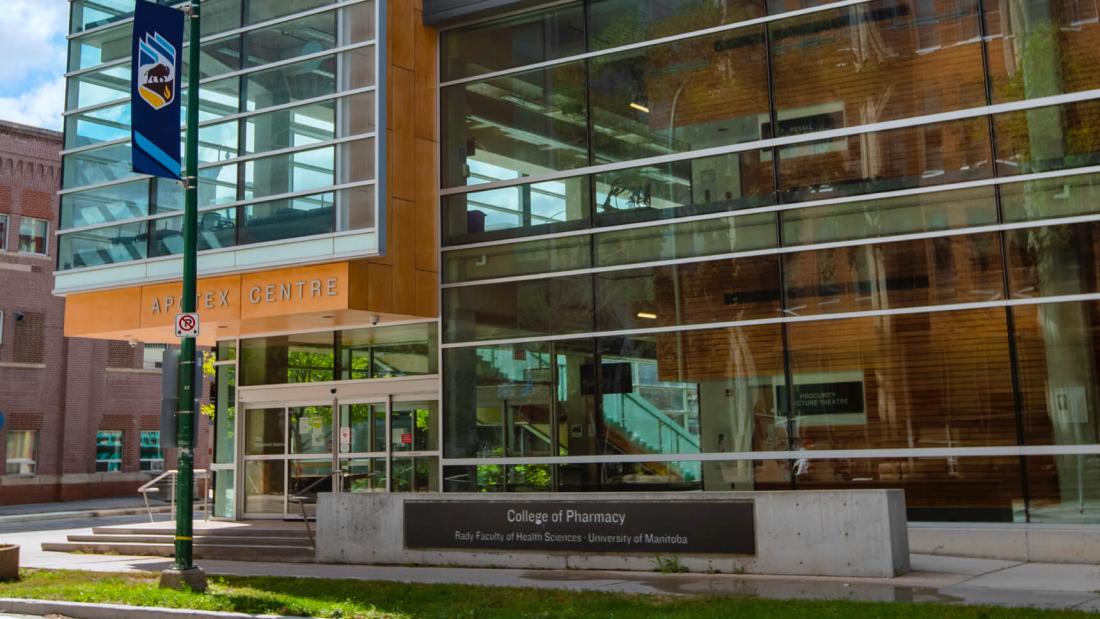 An exterior view of the main entrance to the College of Pharmacy Apotex Centre. 