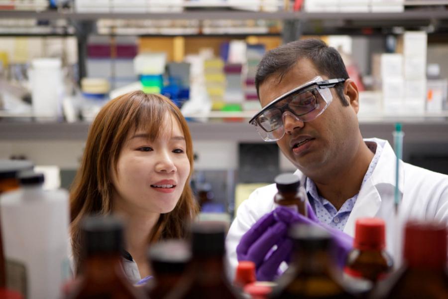 Two student pharmacists look at a medicine bottle on a shelf. One pharmacist wears protective eyewear. 